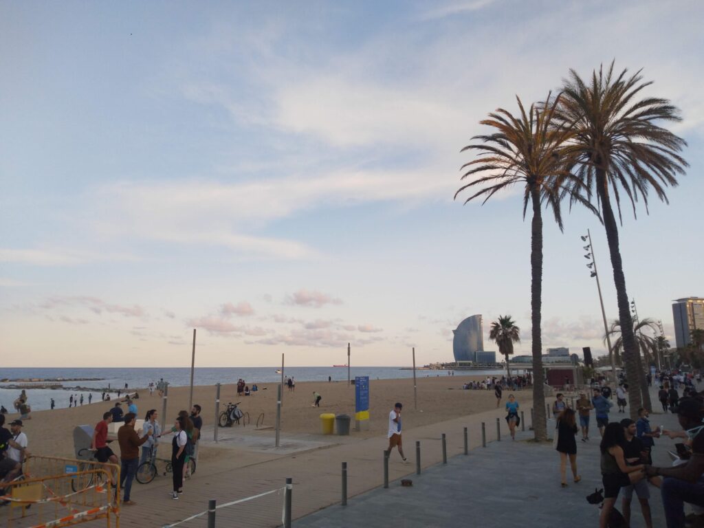 Playa de la Barceloneta, con el mar a la izquierda, al fondo el hotel vela y dos palmeras a la derecha. 